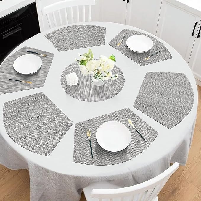 SHACOS Small Round Table Placemats Wedge Placemats with Centerpiece Round Placemat PVC Woven Table Mats Washable (7,Silver Grey)