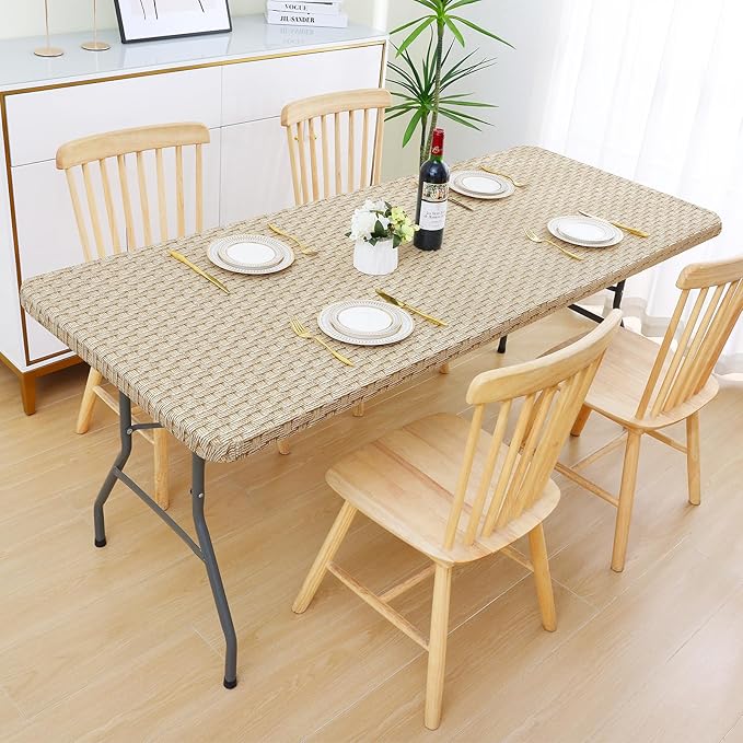 Smiry Rectangle Table Cloth Cover, Waterproof Elastic Fitted Picnic Tablecloth for 6 Foot Tables, Wipeable Flannel Backed Vinyl Tablecloths for Camping, Dining, Outdoor (Sand, 30" x 72")