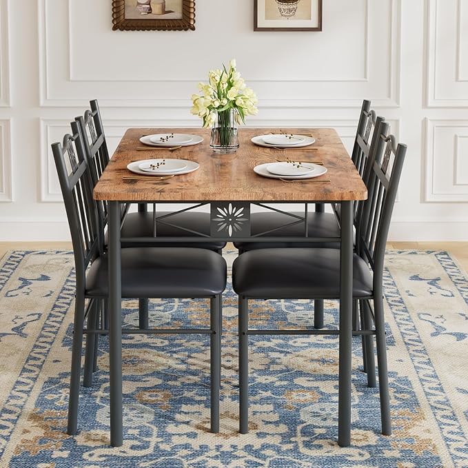VECELO Dining Table Set for 4, 5-Piece Wood Kitchen Table with Upholstered Padded Chairs for Small Space, Breakfast Nook, Space-Saving, Brown