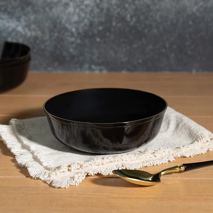 [30 Pack 16 OZ Bowls] Edge Collection Black with Gold Rim Plastic Party Soup Bowls Premium heavyweight Elegant Disposable Tableware Dishes