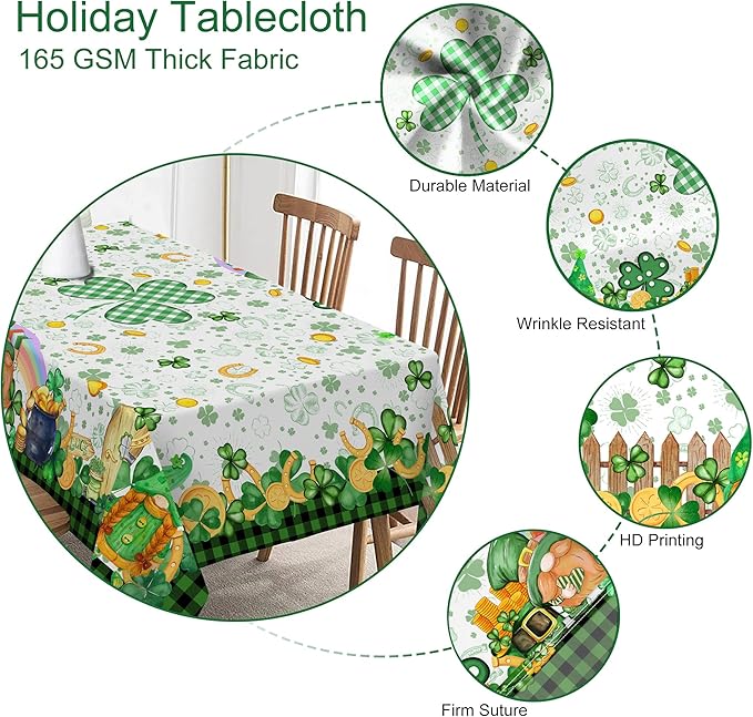 St Patricks Day Tablecloth, St Patricks Table Cloth Rectangle 60 x 120 with Shamrock Gnome, Saint Patricks Day Oblong Tablecloth Buffalo Check Plaid Kitchen Table Cover for Dining Room Indoor Decor