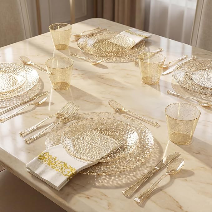Rubtlamp 350 Pcs Gold Glitter Plastic Plates, Hammered Disposable Plates Set (50 Guests), Glitter Dinnerware Set Include 100 Plastic Plates, 150 Glitter Silverware, 50 Cups And 50 Napkins
