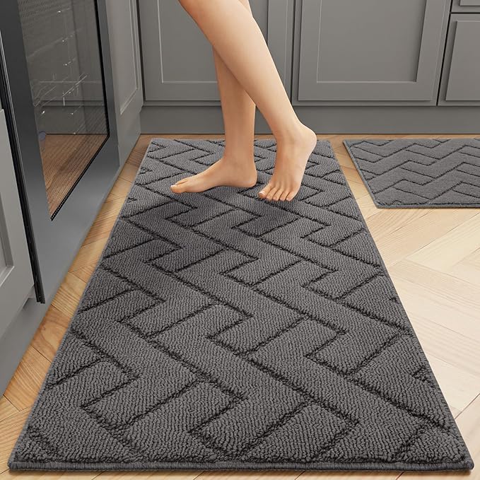 hicorfe Kitchen Rugs and Mats Sets,2 Pieces Super Absorbent Polypropylene Non-Slip Rug,Soft Comfort Floor Mat,Machine Wash for Kitchen,Hallway,Office,Sink,Laundry(20" x 32"+20" x 48",Grey)
