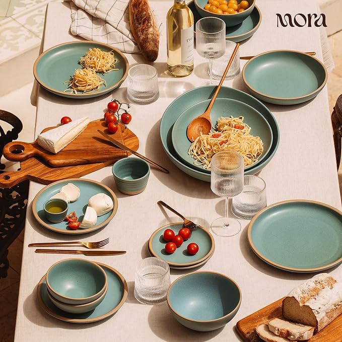 MORA Large Plates Set of 4, 10.5 inch Ceramic Pottery Dinner Plates - Microwave, Oven and Dishwasher Safe - Iris