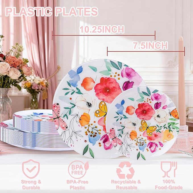 DaYammi 20Pcs Plastic Plates with Watercolor Floral-Disposable Plates Heavy duty Watercolor Floral & Butterfly Plastic Plate 10.25in Dinner plates and 7.5in Dessert plates for Valentine's Day Party