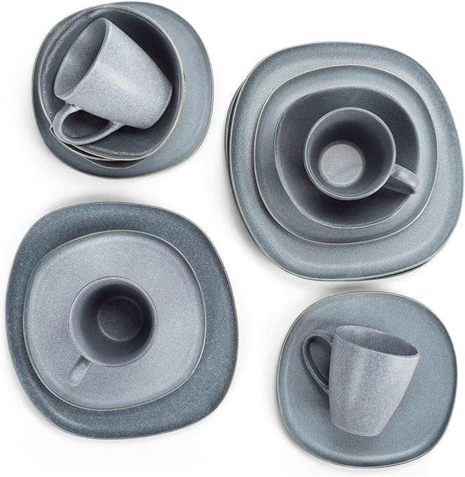 Elanze Designs 16-Piece Modern Luxury Chic Smooth Vintage Handmade Shape Matte Finish Ceramic Stoneware Square Plate Mug & Bowl Kitchen Dinnerware 16 Piece Set - Service for 4, Slate Grey