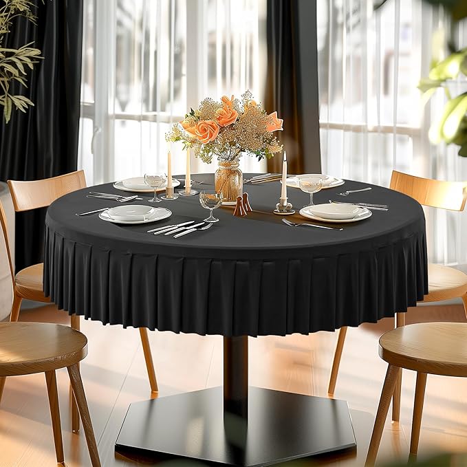 6 Pack Black Spandex Round Tablecloths for 60 inch Table, Stretchy Fitted 5FT Round Table Cloth with Wrinkle Free Skirt for Wedding Party Dining Banquet