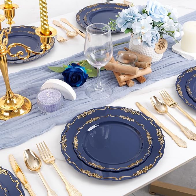 DaYammi 150Pcs Blue Plastic Plates Heavy Duty Navy Blue Disposable Plates with Gold Plastic Silverware include 30 Dinner Plate,30 Dessert Plate,90 Gold Silverware Set,blue plates for Party Dinner