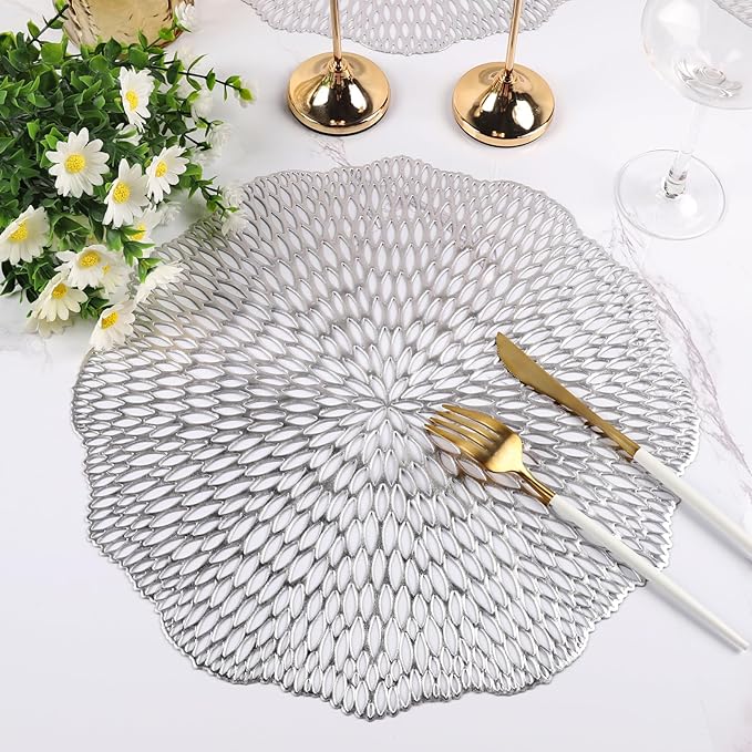 Round Placemats Set of 6, Hollow Out Table Mats Washable Wipeable Vinyl Place Mats for Wedding Party Kitchen Decorations