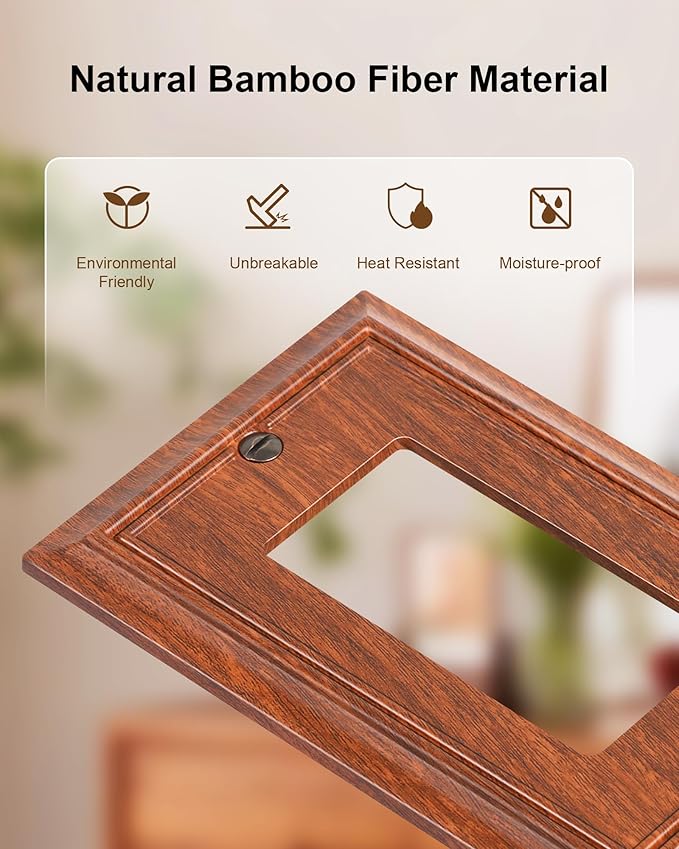 2-Pack Decorator Outlet Cover Plate, Wood Grain Decorative Switch Plates and Outlet Covers, Durable Natural Bamboo Fiber Wall Plates for Electrical Outlets, Receptacle, GFCI Outlet, Dimmer Switch