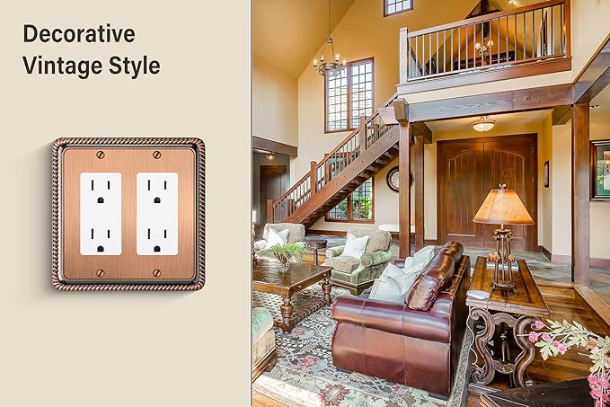 Henne Bery Rope Edge Decorative Wall Plate Switch Plate Outlet Cover (Double Decorator, Antique Copper)