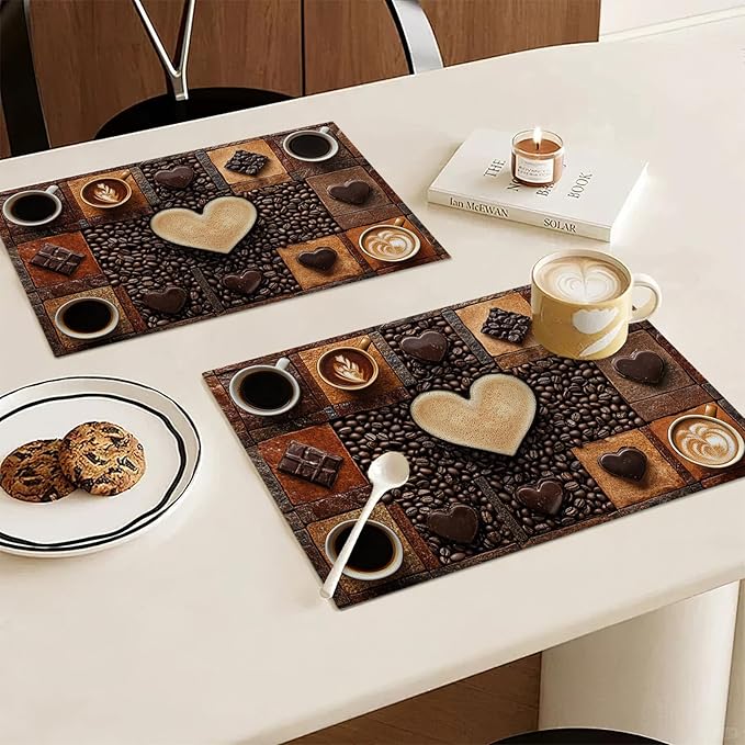 Coffee Placemats Set of 4, Cafe Table Mats, Washable Place Mats for Coffee Bar Home Party Indoor Kitchen Dining Table Decoration 12x18 Inch