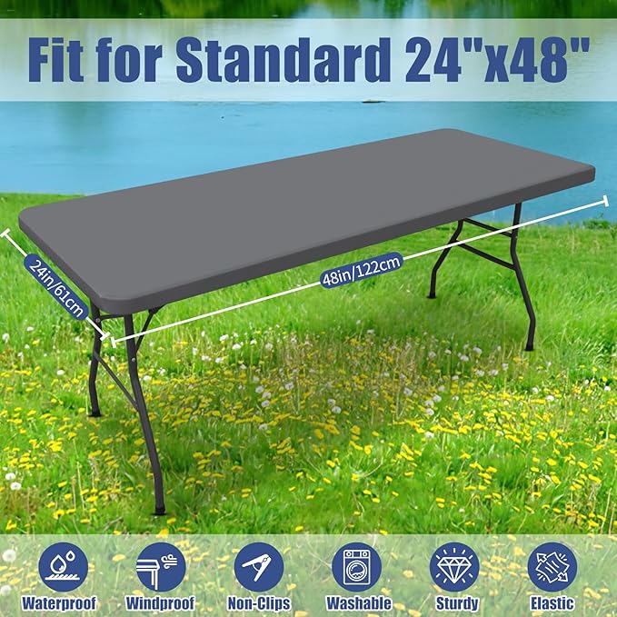 Spandex 4 Foot Rectangle Table Cloth 2 Pack, Elastic Fitted Tablecloths for Picnic, Stretch Washable Patio Table Cover for Outdoor, Camping, Banquet and Parties (Grey, 24"x48")