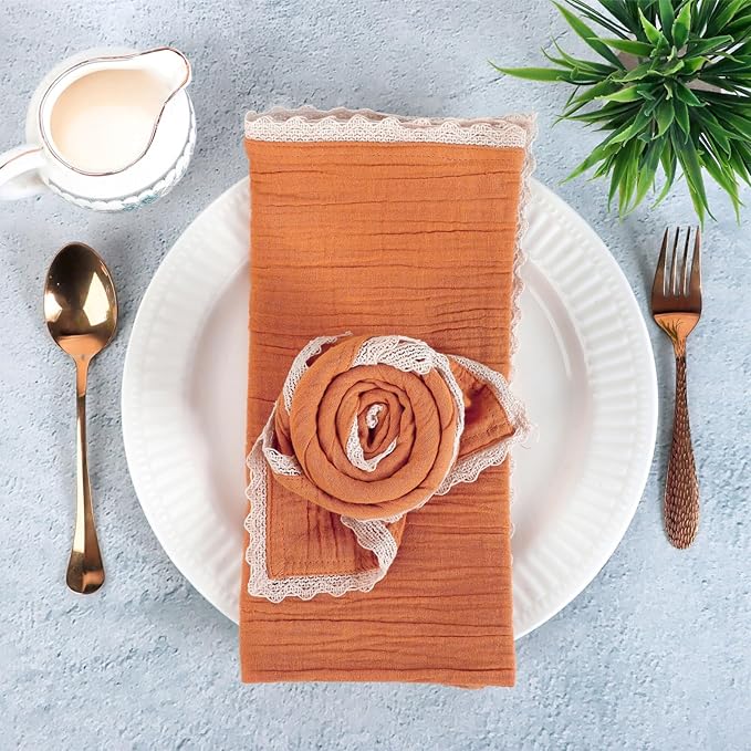 Fingercraft Dinner Cloth Napkin Cotton Muslin Double Gauze 8 Pack with Classic Lace for Everyday Use, Wedding, Party, Christmas, Easter Napkins Cloth are Pre Shrunk and Good Absorbency Rust