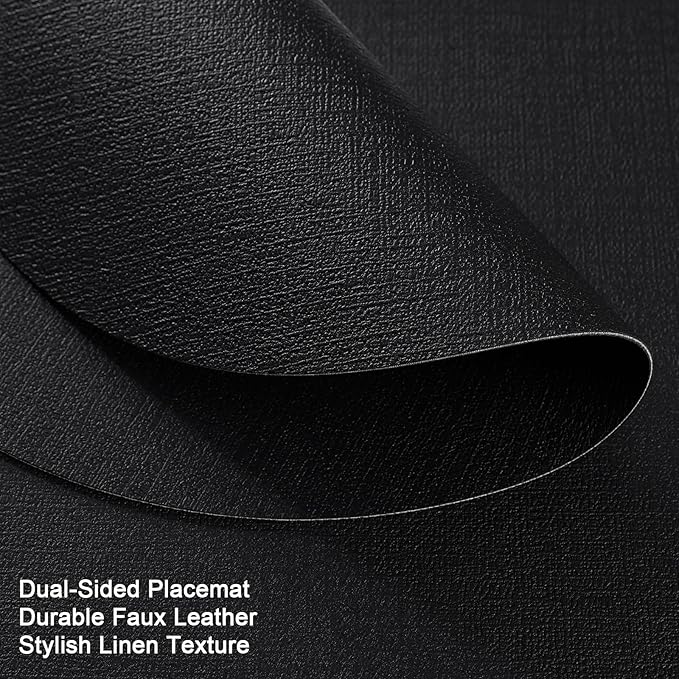 Myir JUN Round Placemats, Dual Sided Faux Leather Place Mats Set of 4 Indoor/Outdoor Non-Slip Washable Table Mats (Black, 4 Pack)