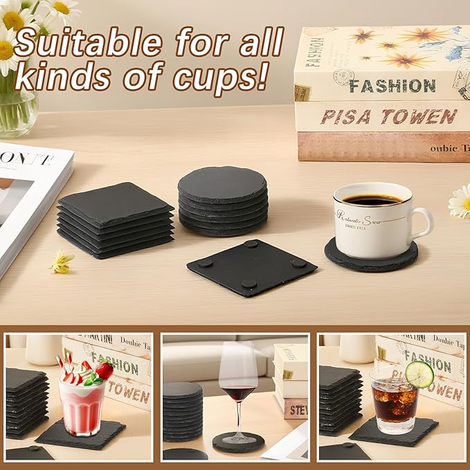 24pcs Slate Coasters, Black 4 Inch Bulk Blank Rock Coasters Blank Laser Engraving, Hand Painted DIY, Scratch Resistant Bottom (12*Square+12*Round)