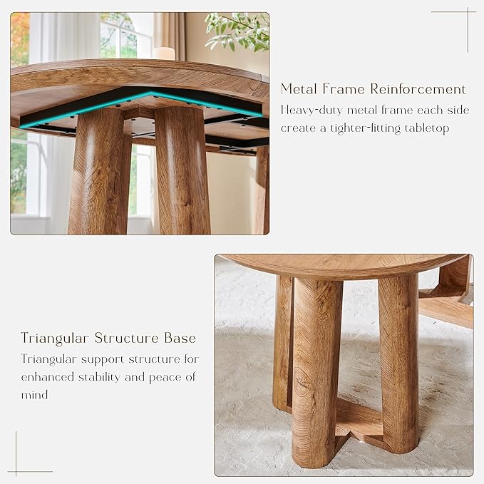 OKD 63" Dining Table for 6-8, Oval Dining Room Table with Triangular Structure Pedestal Stable Base, Curved Table Edge, Circle Kitchen Tables for Dining Room, Kitchen, Light Tree Knot