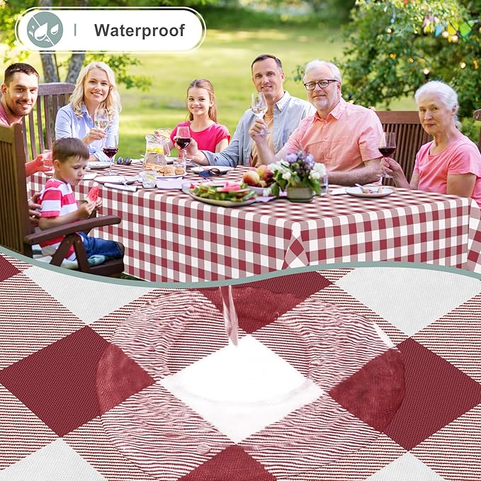 misaya Rectangle Waterproof Vinyl Table Cloth, Buffalo Flannel Backed Tablecloth, Wipeable Plastic Table Cover for Valentine's Day, Dinner, Kitchen, Outdoor (60" x 120", Burgundy and White)