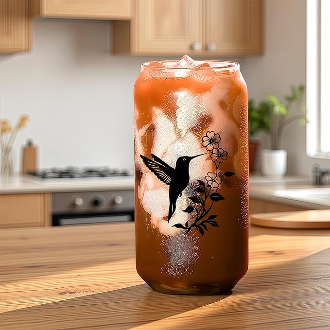 Cute Hummingbird Glass Cup With Lids And Straws, Hummingbird Gift For Women, Iced, Coffee, Smoothie, Cocktail, Beer, Whiskey, Soda, Matcha,16 Oz, Home Office Table Desk Decoration!