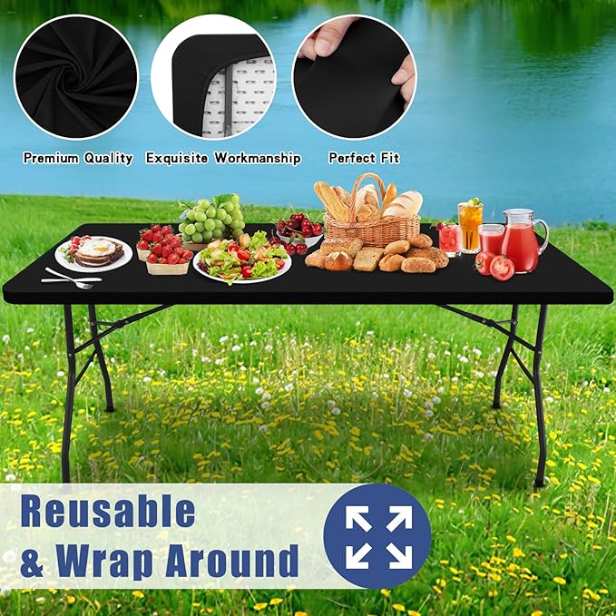Spandex 4 Foot Rectangle Table Cloth 2 Pack, Elastic Fitted Tablecloths for Picnic, Stretch Washable Patio Table Cover for Outdoor, Camping, Banquet and Parties (Black, 30"x48")
