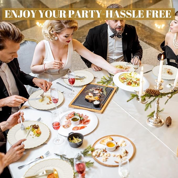 Mifoci 200 Pcs 7.5 Inch Ivory with Gold Rim Plastic Disposable Plates Bulk Salad Dessert Appetizer Cake Plates Elegant Fancy Plastic Tableware for Party Holiday, Wedding, Catering Table Decoration