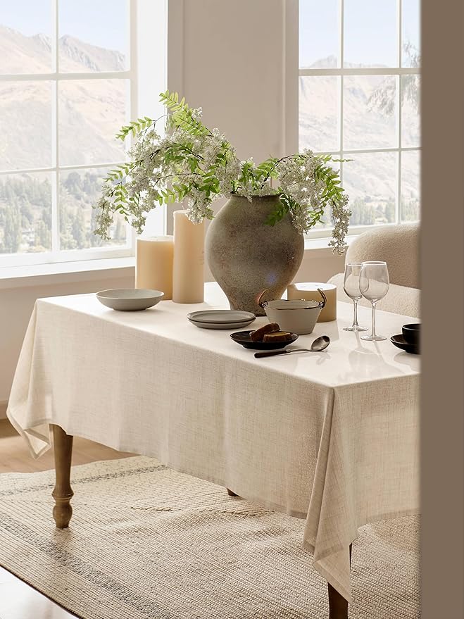 Linen Tablecloth for Square Table 60x60 Inch Light Tan, Farmhouse Style Beige Tablecloth, Water Resistant Burlap Tablecloths for Dining Table Farmhouse Kitchen