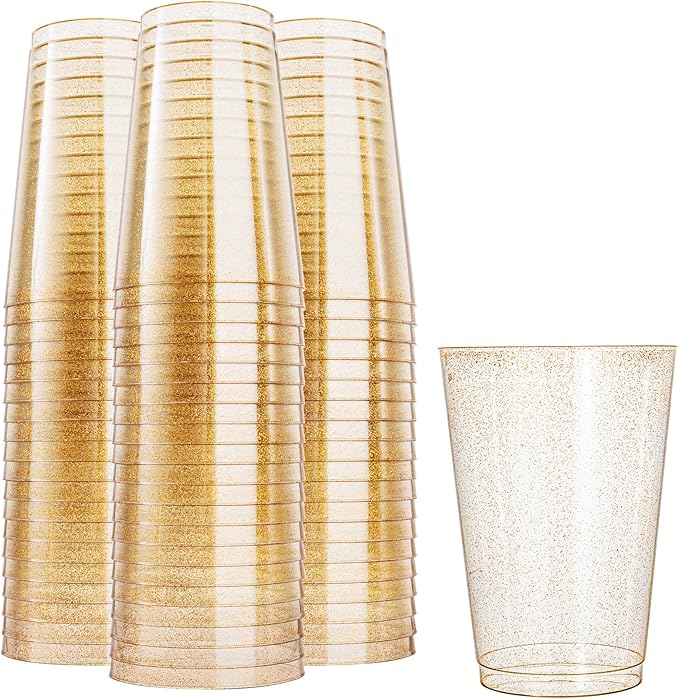 N9R 100PCS 12oz Gold Plastic Cups, Gold Glitter Disposable, Elegant Wedding and Party Cups