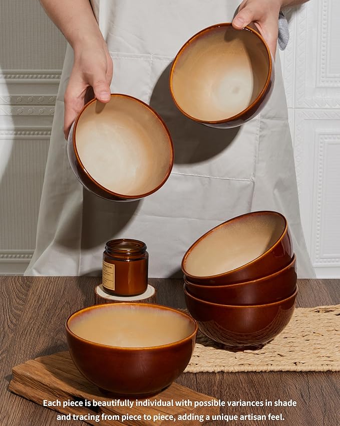 Reactive Glaze Bowls Set of 6, Microwave and Dishwasher Safe Bowls, Stoneware Soup Bowls, Kitchen Bowl Set for Cereal Soup Rice Pasta Salad Oatmeal, Brown and Yellow