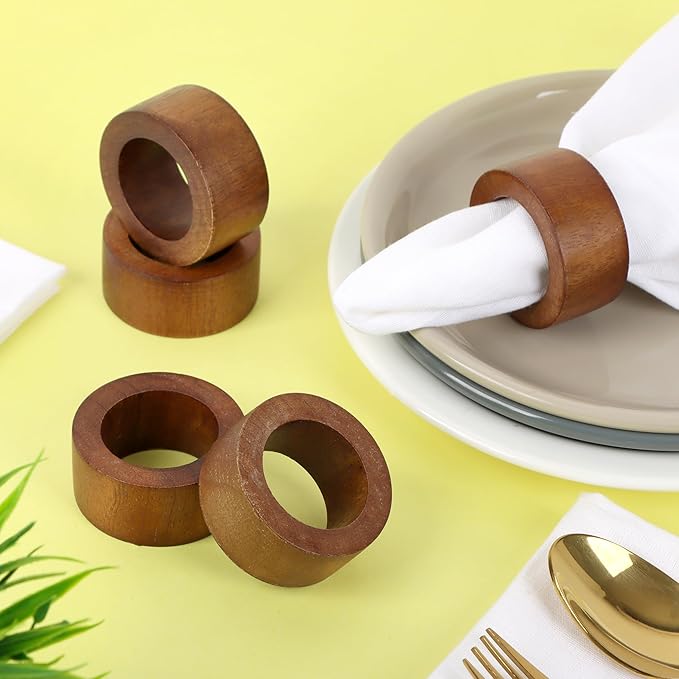 ALPHA Living HOME Handmade Wood Napkin Rings Set of 12 - Dining Table Napkin Holder, Classic Everyday Use Thanksgiving, Christmas Napkin Rings Buckles, Festive Party Gift (Brown)