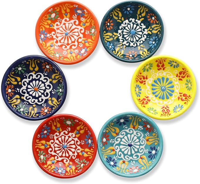 Ceramic Small Bowls, Dipping Bowls Set of 6, 2.5 Oz Soy Sauce Dish, Handmade Charcuterie Bowls, Colorful Pinch Bowls, Dishwasher & Microwave Safe Sauce Bowls, 3.3" Mini Bowls (SULTAN'S GARDEN)