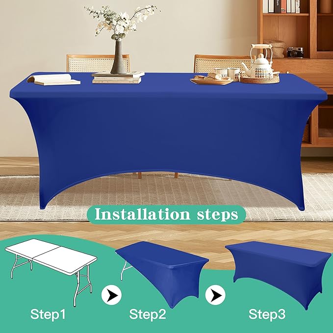 8FT Table Cloth for Rectangular Fitted Events Stretch Gemstone Blue Table Covers Washable Spandex Tablecloth Protector for Party, Wedding, Cocktail, Banquet, Festival