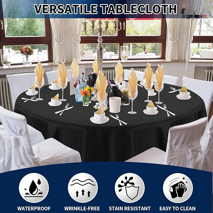 PureFit 8 Pack Round Black Table Cloths 70 Inch for Round Tables, Stain and Wrinkle Resistant Table Linens for Home Use, Wedding, Party, Banquet and Camping