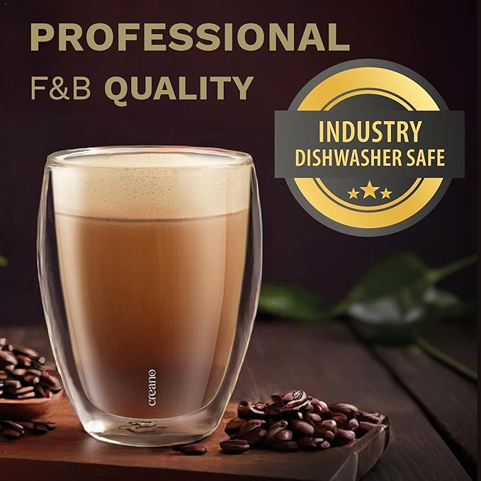 Creano Premium Double-Walled Drinking Glasses 9oz / 250 ml - Set of 4 - Professional Quality - 100% Dishwasher Safe