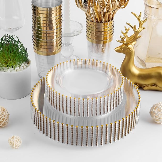 EI 60pcs Clear Plastic Plates with Gold Rim,Disposable Plastic Plates Fancy 10" Dinner & 7" Dessert Plate Heavy Duty for Wedding,Birthday,Afternoon Tea,Spring,Mother's Day,Valentine's Day,Easter