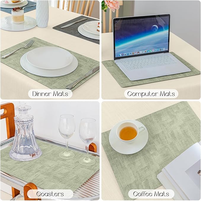 Romanstile Sage Green Placemats Set of 6, Vinyl 100% Waterproof Oil-Proof Wipeable Place Mats, Heat Resistant Dual Sided Table Mats for Kitchen/Dining/Party (Grey Green, 12 x 17 Inch)