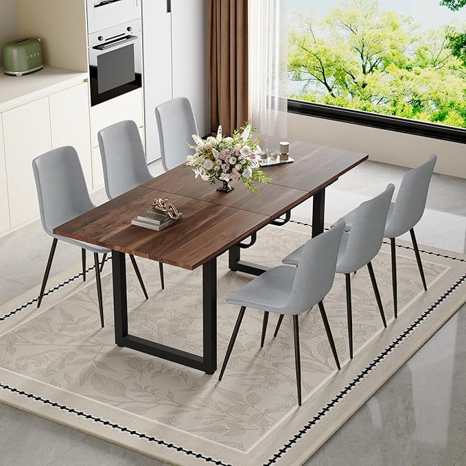 Extendable Dining Table Set for 4, 55"–71" Modern Wood Kitchen Table with 4 Upholstered Chairs, Space-Saving for Living Room Apartment, Sturdy & Comfortable, Easy Assembly