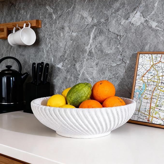 DOVDOV White Beveled Edge Decorative Bowl Large Modern Fruit Bowl Home Decor Bowl for Kitchen Countertops, Coffee Tables, or Entryway Tables Minimalist Key Holder and Centerpiece Fruit Bowl