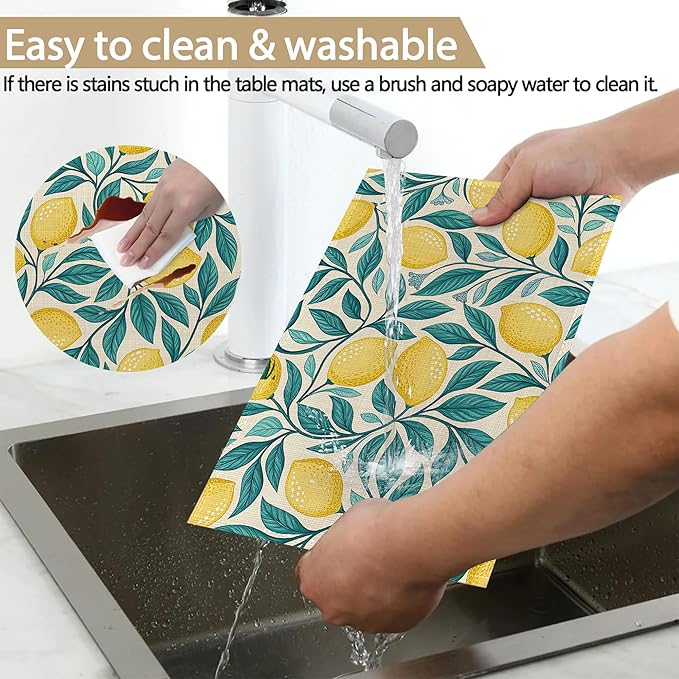 Placemats Set of 6 Lemon Leaf Place Mats Washable Kitchen Dining Linen Table Mats Stain Heat, for Home Party Indoor 12x18 in