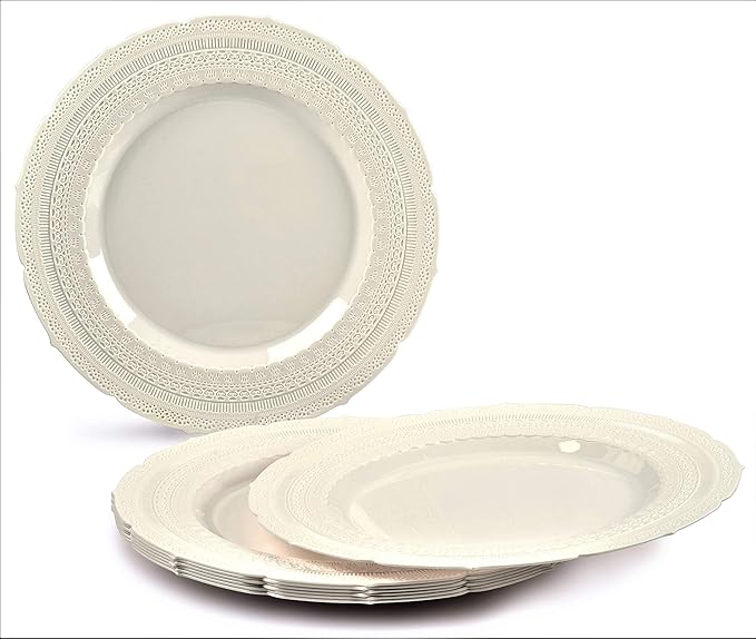 " OCCASIONS " 640pcs set (80 Guests)-Extra Heavyweight Vintage Wedding Disposable/Reusable Plastic Plates 80 x 11'' + 80 x 8.25''+Silverware+Cups+Napkins (Chateau Collection Ivory)