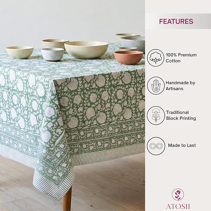 ATOSII Shalimar Green 100% Cotton Spring Summer Tablecloth, Handblock Print Rectangle Table Cover for Dining, Parties, Wedding, Outdoors, Easter Table Cloth I 72 X 140 Inches I 12 Seater