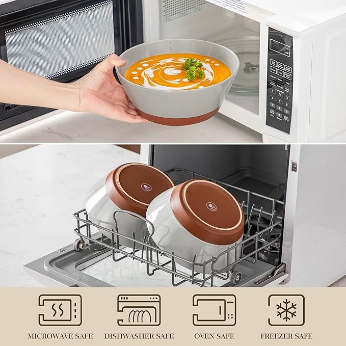 MALACASA Salad Bowls Set of 4, Soup Bowls for Kitchen, 60oz Large Ceramic Bowl for Ramen, Cereal, Fruit, Pho and Pasta, Microwave & Dishwasher Safe, Speckled Deep Bowls, Grey & Brown