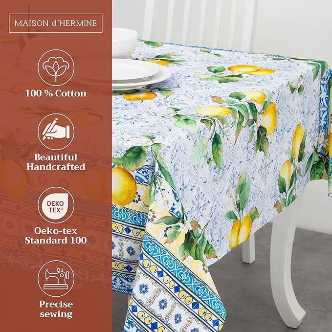 Maison d' Hermine Table Cloth Rectangle Table 100% Cotton 70 x 108 Inches Tablecloth Reusable Decorative for Dining Room Farmhouse Home Valentines Day Decorations Spring Summer - Citrus