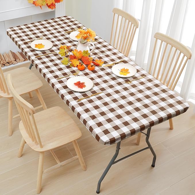 Smiry Rectangle Picnic Table Cloth, Elastic Waterproof Fitted Vinyl Tablecloths, Flannel Backed Buffalo Plaid Table Covers for Dining, Camping, Outdoor (White and Brown, 30" x 48")