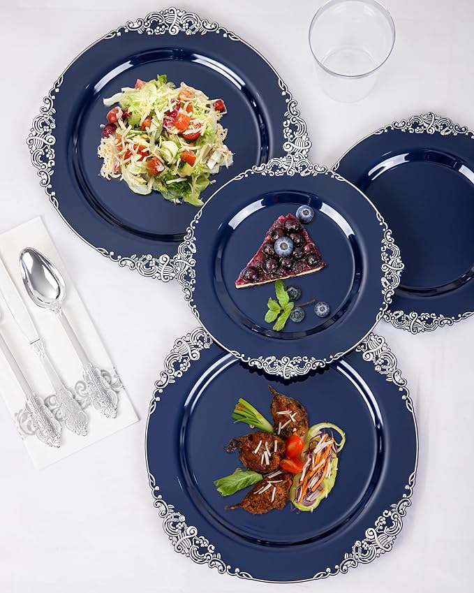 Hioasis 175pcs Blue and Silver Plastic Plates - Elegant Disposable Dinnerware Set Suitable for 25 Guests Include 10.25" Dinner & 7.5" Dessert Plates, Cutlery, Napkins, Cups for Party & Wedding