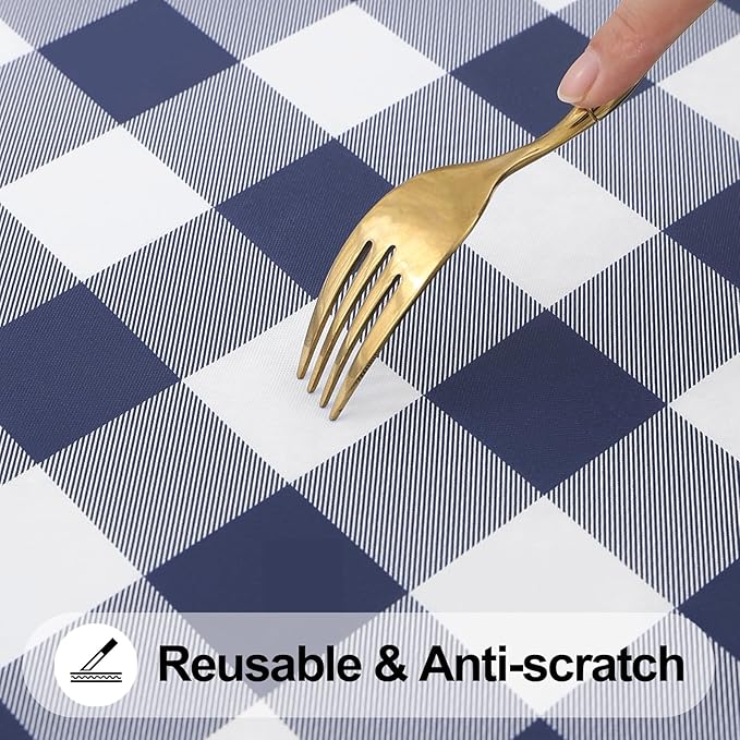 Smiry Rectangle Picnic Table Cloth, Elastic Waterproof Fitted Vinyl Tablecloths, Flannel Backed Buffalo Plaid Table Covers for Dining, Camping, Outdoor (White and Navy, 36" x 96")