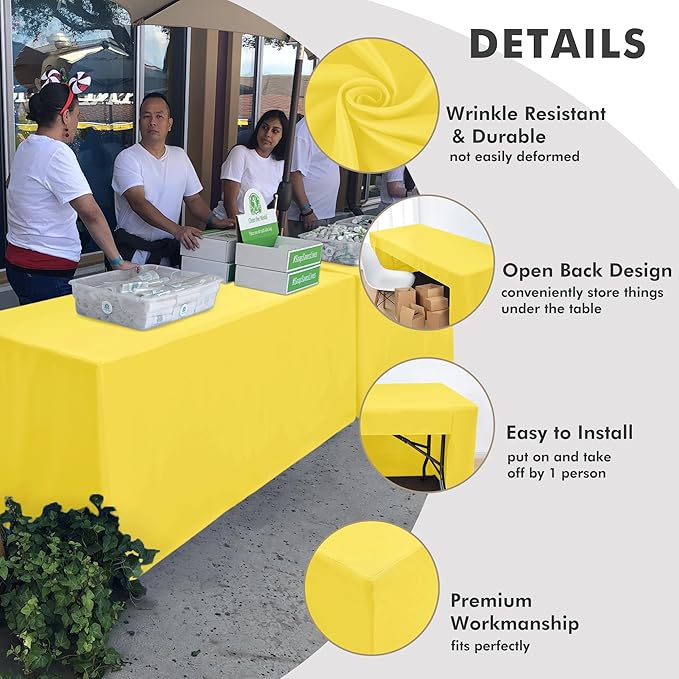 Nasitos 2 Pack 8' Fitted Table Cloth for Rectangular Table Yellow Trade Show Table Covers-Open Back Tablecloth Washable and Wrinkle Resistant Table Cloth, Parties, Buffet, Baby Shower, Weddings