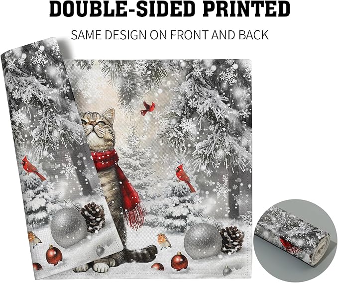 Winter Placemats Set of 4 - Cute Cat Snowman Xmas Tree Place Mat Tablemats 12x18 for Kitchen Dining Table