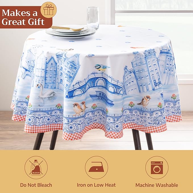 Maison d' Hermine Table Cloth Round Table 100% Cotton 69 Round Inches Tablecloth Reusable Decorative for Dining Room Farmhouse Home Valentines Day Decorations Spring Summer - Amsterdam Canals