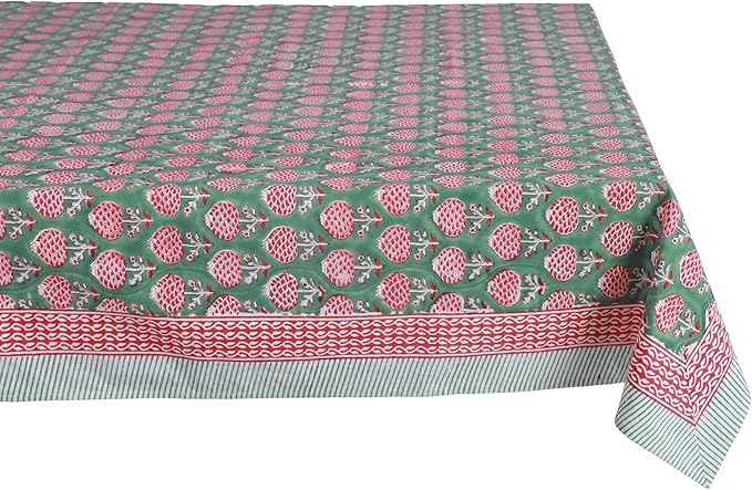 ATOSII Roma Green 100% Cotton Spring Summer Tablecloth, Handblock Print Rectangle Table Cover for Kitchen Dining Linen I Parties, Outdoors, Wedding, Easter Table Cloth I 72 X 108 Inches I 8 Seater