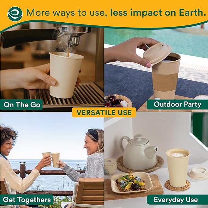 ECO SOUL 200 Pack 12 oz Disposable Coffee Cups with Lids & Sleeves Eco-Friendly, Biodegradable, Compostable, Leak-free & Sturdy To Go Hot Drink Cup for Tea, Chocolate Party Travel Cafe Office & Home
